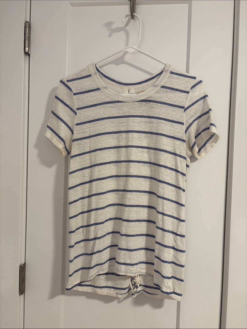 Cream & Blue Stripe Tie-Hem Tee with braided detail back